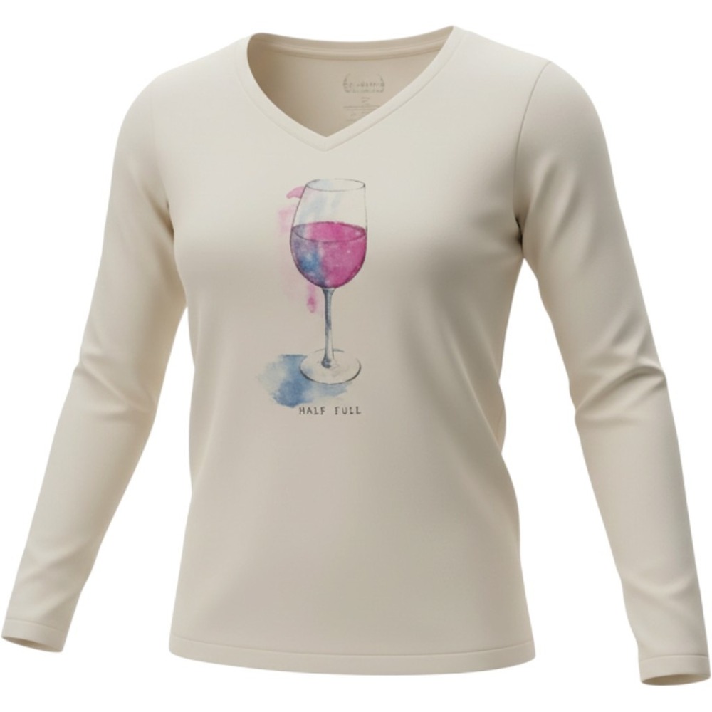 Life is Good Womens Cream Half Full Wine Glass Graphic V-Neck Long Sleeve Tee L